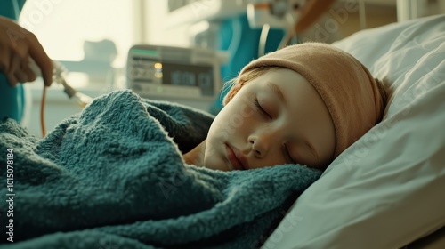 A young child recuperates in a hospital bed, wrapped in a soft blanket. The serene environment includes medical equipment, emphasizing care and healing photo