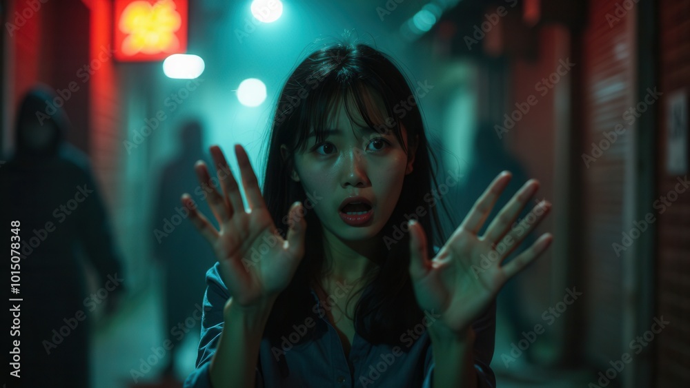 A young woman raises her hands in fear and alarm, standing in a dark alleyway with ominous figures lurking in the background, expressing a strong sense of danger and urgency. A young woman raises her hands in fear and alarm, standing in a dark alleyway with ominous figures lurking in the background, expressing a strong sense of danger and urgency.