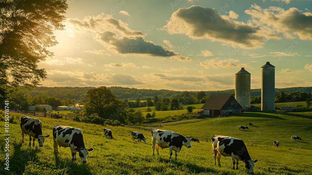 Cows grazing peacefully in a lush green field at sunset near a ...