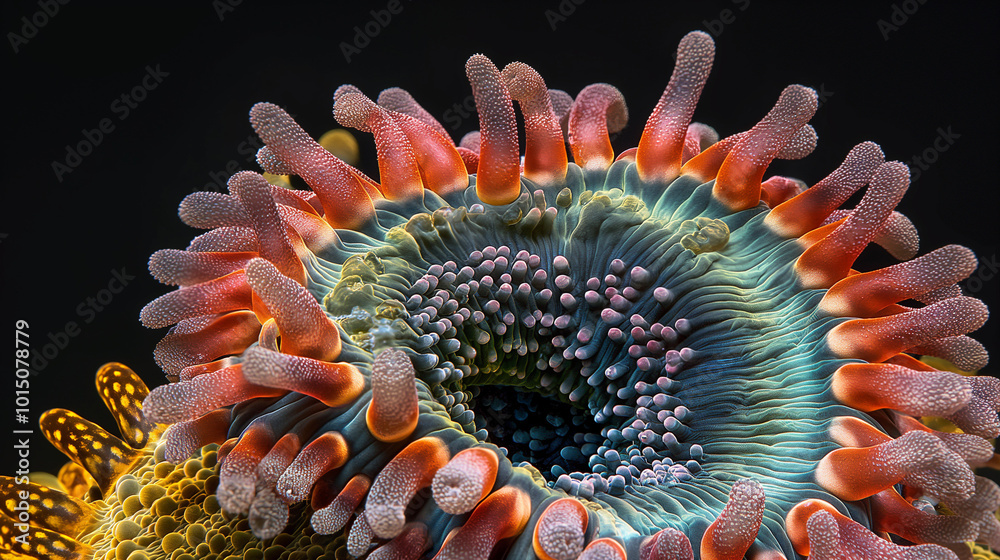 Close-up view of a vibrant coral polyp exhibiting intricate structures in a marine ecosystem during daylight hours Close-up view of a vibrant coral polyp exhibiting intricate structures in a marine ecosystem during daylight hours