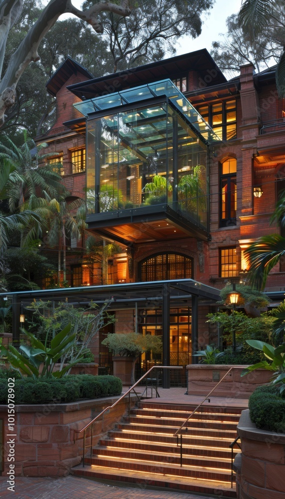 A modern home with a glass conservatory addition in the front. The home has a brick exterior and is surrounded by lush greenery. The steps leading up to the front door are lit by warm light.