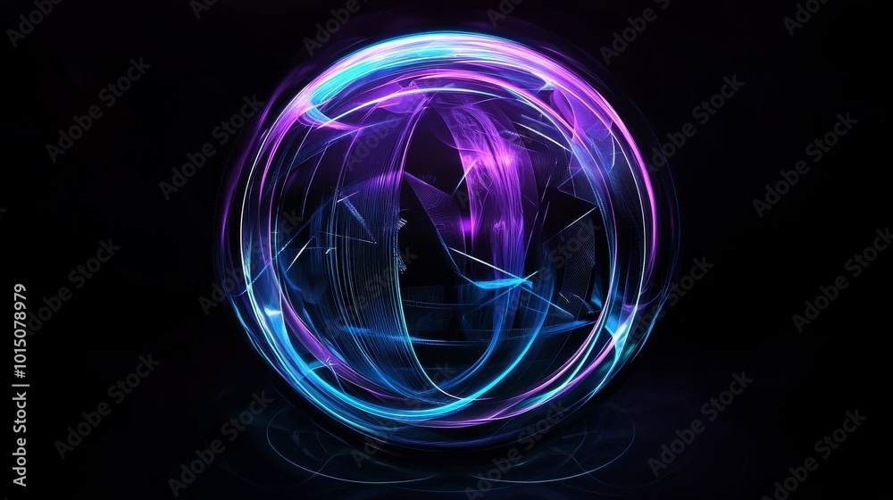 Vibrant abstract sphere with swirling blue and purple light trails against a dark background. Vibrant abstract sphere with swirling blue and purple light trails against a dark background.