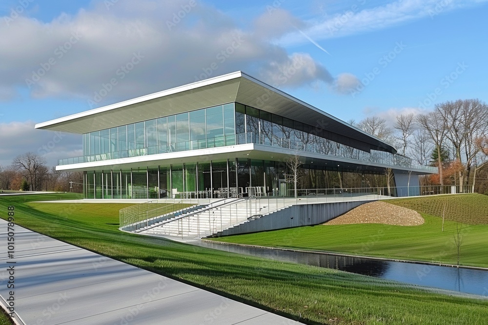 Modern office building with a sleek design, showcasing large windows and a minimalist aesthetic. Modern office building with a sleek design, showcasing large windows and a minimalist aesthetic.