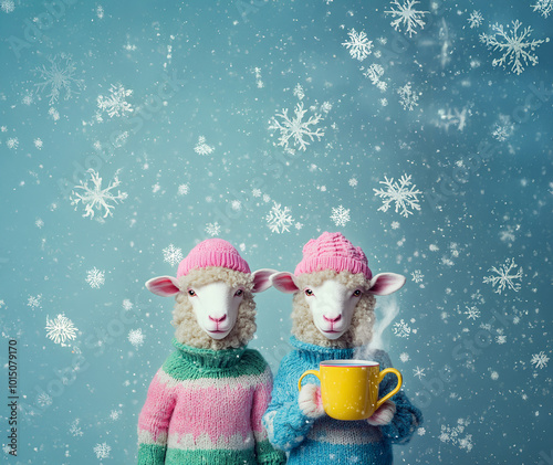 Fashion winter concept with two sweet sheep with woolen colorful sweaters on blue background.  photo