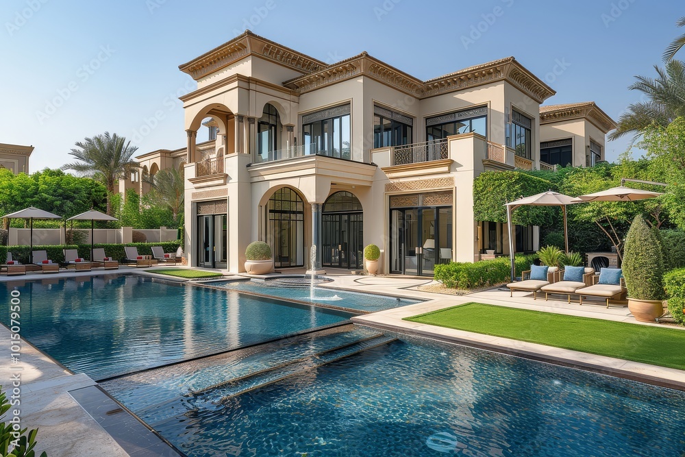 Fototapeta premium Wide-angle view of a stunning pool and outdoor area featuring a large flat garden with lawn and seating spaces, set against an Arab-style villa.