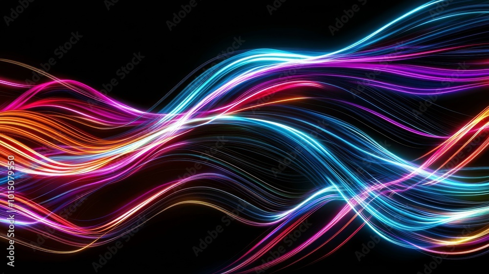 Obraz premium Abstract colorful light waves against a black background, creating a vibrant and dynamic visual effect.