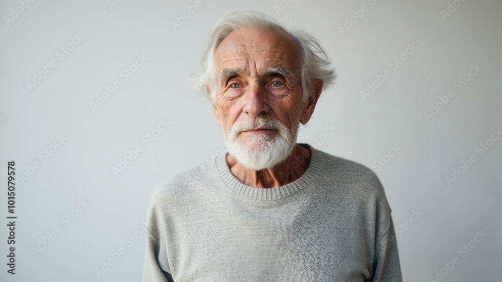 An elderly man stands confidently with a gentle expression, his white beard and hair adding character. He wears a cozy gray sweater, showcasing a moment of warmth and wisdom against a light, unclutter An elderly man stands confidently with a gentle expression, his white beard and hair adding character. He wears a cozy gray sweater, showcasing a moment of warmth and wisdom against a light, unclutter