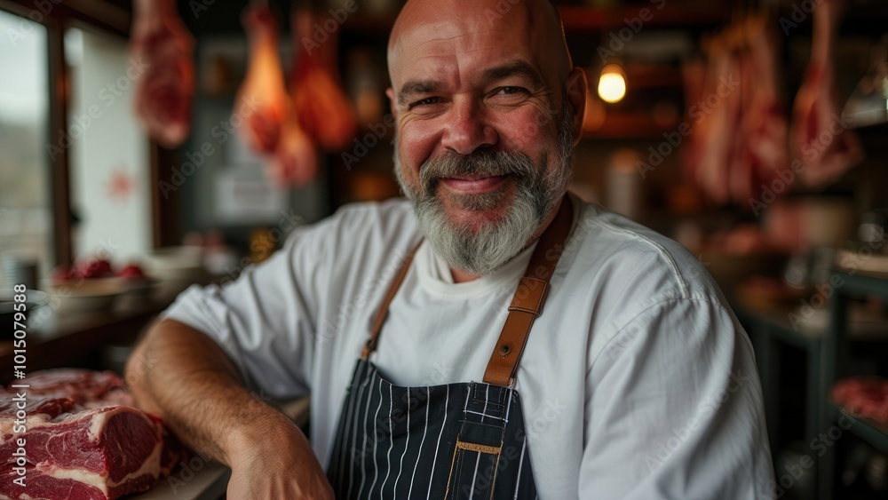 A confident butcher, in his apron, poses with freshly cut meat in a traditional butcher shop setting, emphasizing craftsmanship and dedication in his line of work. A confident butcher, in his apron, poses with freshly cut meat in a traditional butcher shop setting, emphasizing craftsmanship and dedication in his line of work.