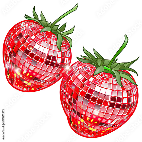 Red strawberry disco ball ornaments set isolated on transparent background