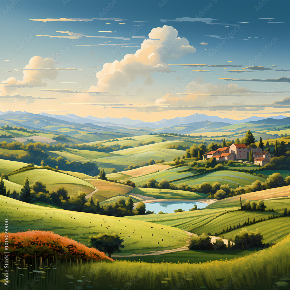 Naklejka premium A panoramic view of a vineyard at sunset.