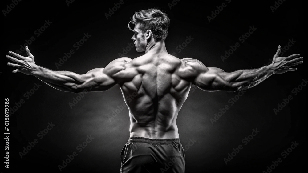 a muscular male figure standing centered in the frame with arms outstretched, revealing prominent muscle definition and contours.