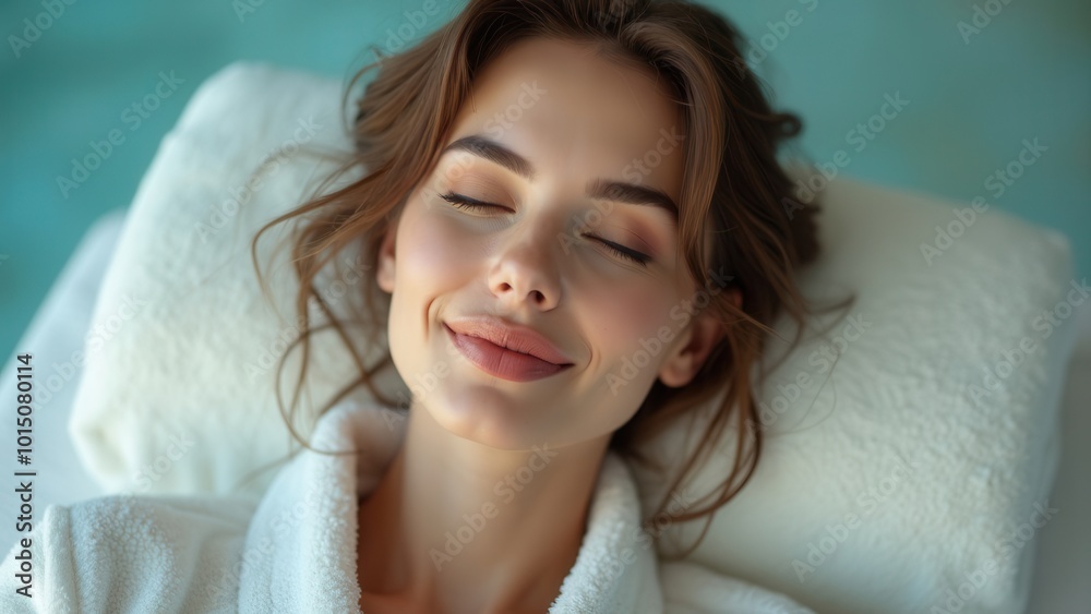 A blissful woman rests with eyes closed in a peaceful, comfortable environment. Her relaxed posture epitomizes tranquility and the rejuvenation found in rest.