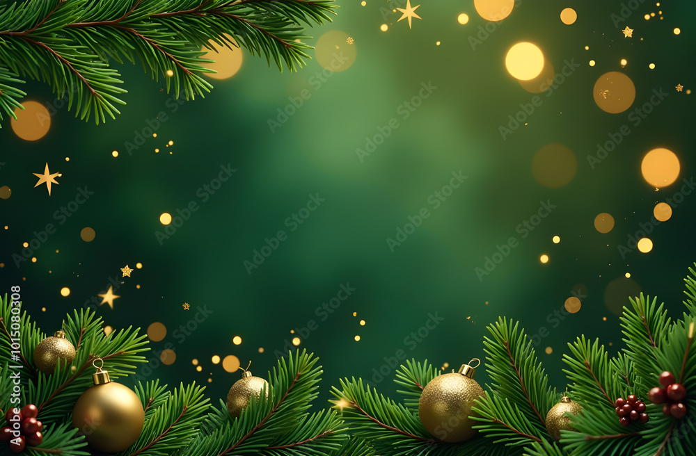 Christmas decorations border with fir branches and golden glitter confetti and sparkles of lights blur bokeh and green background
