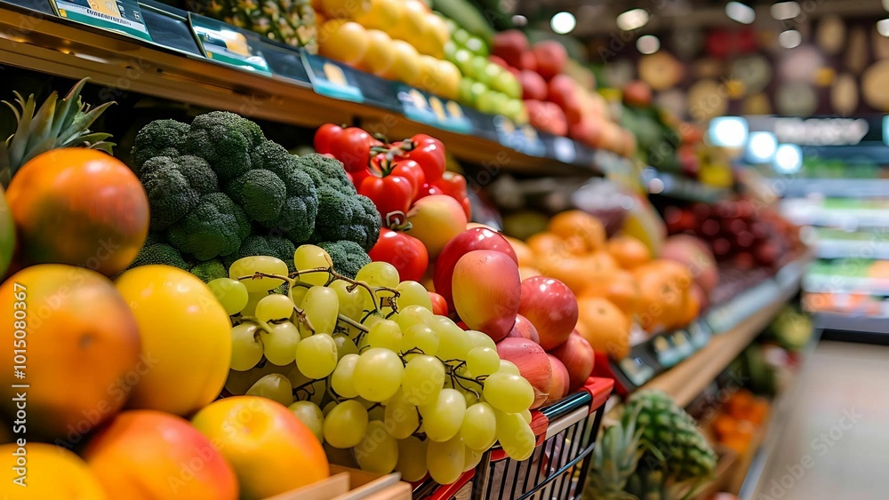 Fresh Produce in a Grocery Store with Grapes, Mangoes, and Broccoli Fresh Produce in a Grocery Store with Grapes, Mangoes, and Broccoli