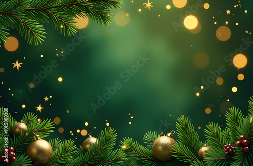 Obraz na płótnie Christmas decorations border with fir branches and golden glitter confetti and sparkles of lights blur bokeh and green background w salonie