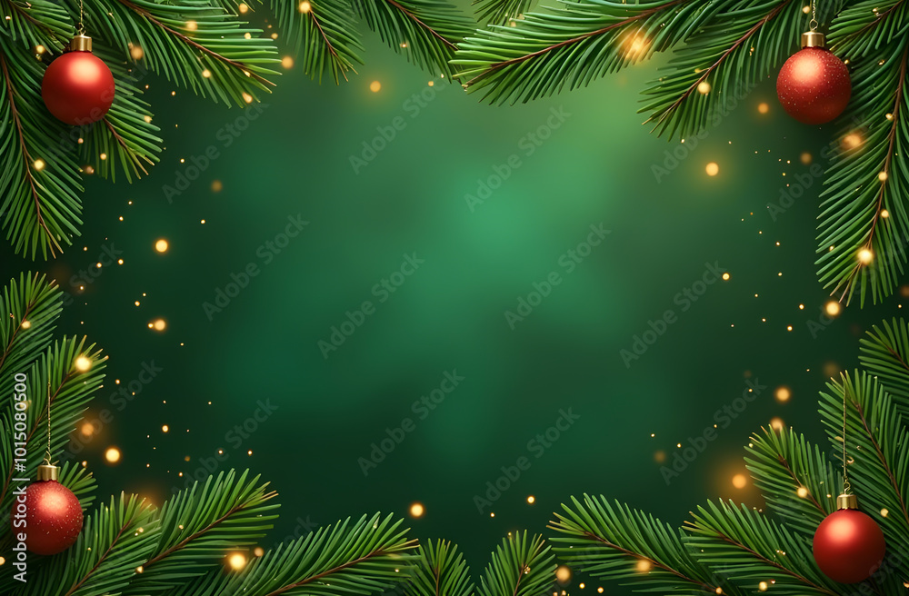 Christmas decorations border with fir branches and golden glitter confetti and sparkles of lights blur bokeh and green background