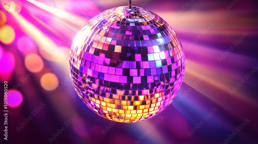 Obraz premium A vibrant disco ball reflecting colorful lights in a lively setting, creating a festive atmosphere.