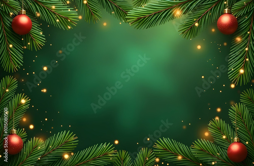 Christmas decorations border with fir branches and golden glitter confetti and sparkles of lights blur bokeh and green background