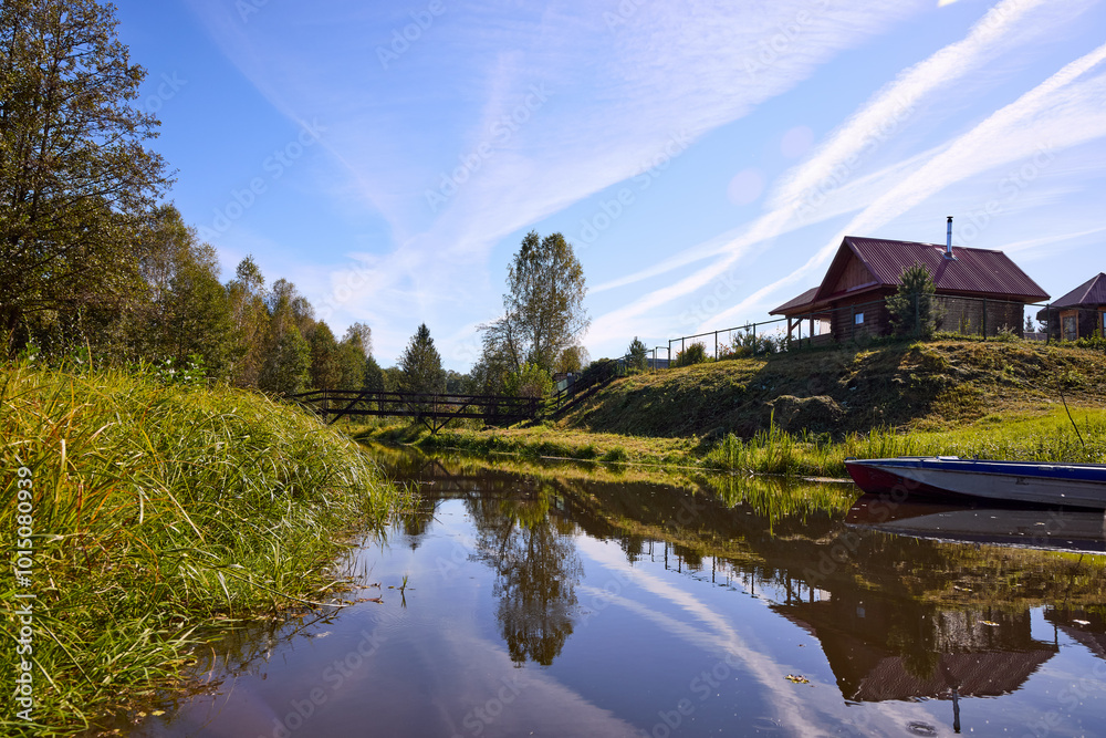 custom made wallpaper toronto digitalSerene Lakeside Cottage with Boat on Sunny Day