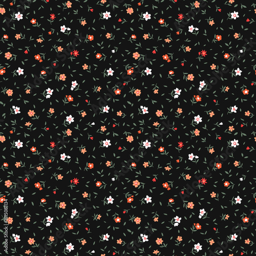 Ditsy floral pattern. Pretty flowers black background. Printing with small red, coral and white flowers. Cute print. Seamless vector texture. Stock vector. Printing on surfaces. Abstract flowers.