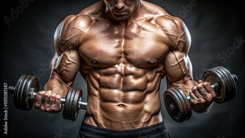 portrait of a muscular male is holding a dumbbell