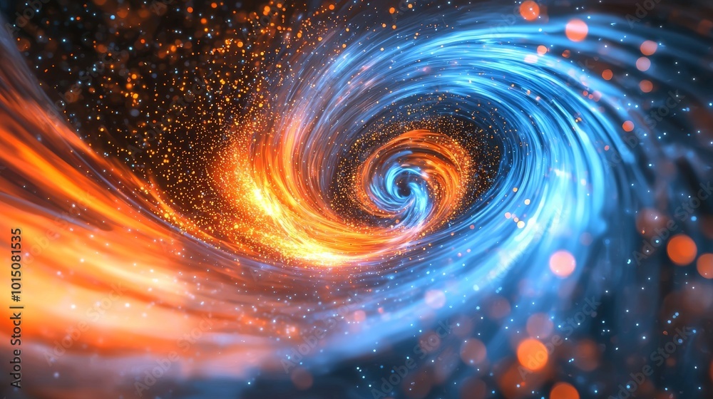 A stunning swirl of vibrant orange and blue light, creating a captivating cosmic effect with sparkling particles. A stunning swirl of vibrant orange and blue light, creating a captivating cosmic effect with sparkling particles.