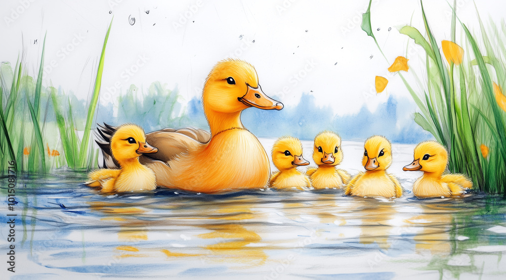 A duck and her baby ducklings swimming in the lake, a simple drawing for kids, a colorful pencil drawing on white paper with a green hills background A duck and her baby ducklings swimming in the lake, a simple drawing for kids, a colorful pencil drawing on white paper with a green hills background