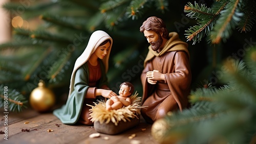 A traditional nativity scene depicting Mary, Joseph, and baby Jesus rests under festive Christmas tree decorations, capturing the essence of the season's religious significance.