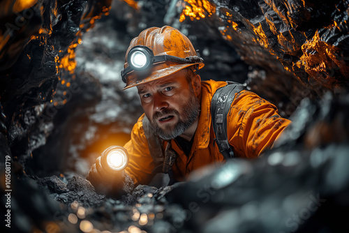 Scared miner with flashlight crawling in the dark cave background. photo