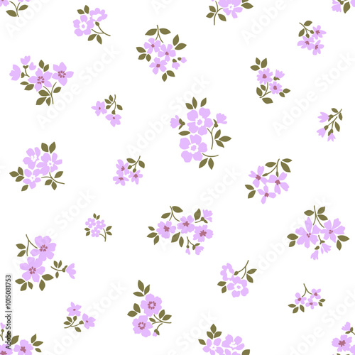 Cute floral pattern in small abstract flowers. Small lilac flowers. White background. Ditsy print. Floral seamless background. Gentle template for fashion prints.