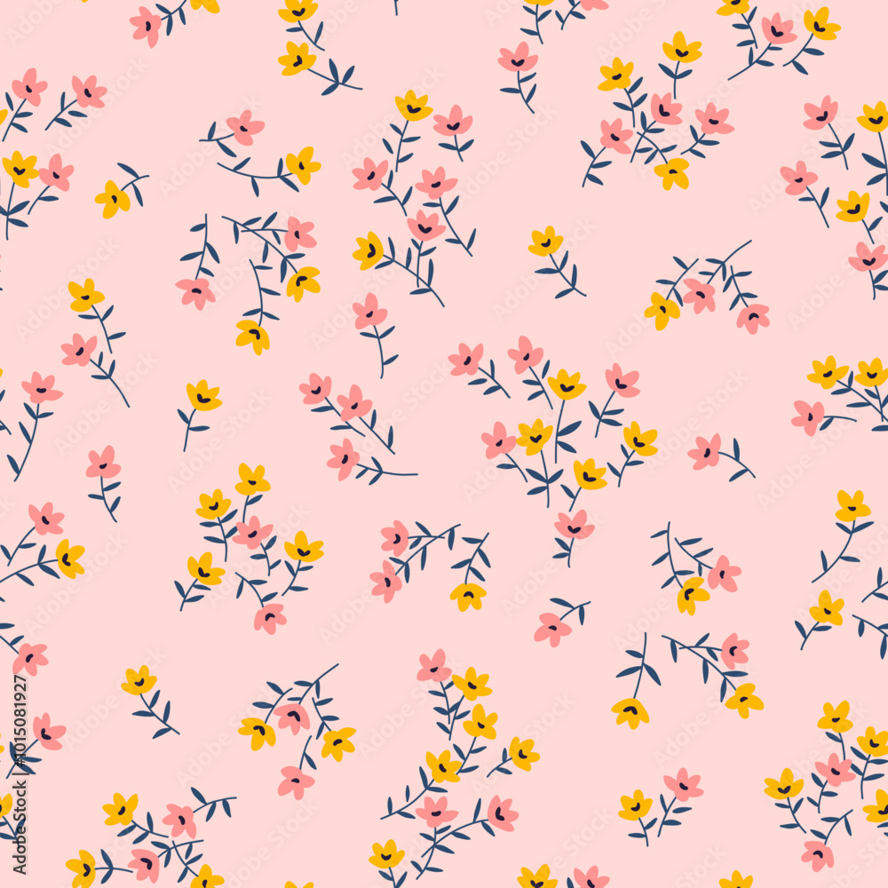 Cute floral pattern in small flowers and leaves. Delicate pink and yellow flowers. Pastel pink background. Liberty retro print. Floral seamless background. Trendy template for fashion prints. Stock Cute floral pattern in small flowers and leaves. Delicate pink and yellow flowers. Pastel pink background. Liberty retro print. Floral seamless background. Trendy template for fashion prints. Stock