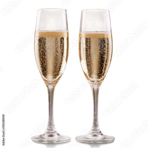 Celebratory champagne flutes filled with bubbly drink on a white background