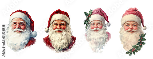 Vintage Santa Claus heads with holly set isolated on transparent background