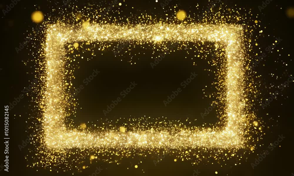 Christmas Golden rectangle square frame Portal with glowing golden sparkles and glitter particles on black background with golden bokeh, VFX