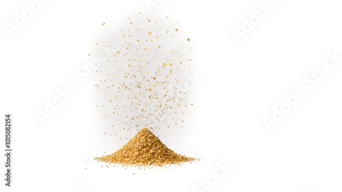 Golden powder rising from a small mound on a white background in soft light