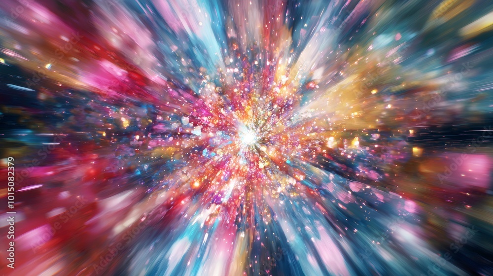 A vibrant explosion of colors and light, creating an abstract cosmic scene full of energy and movement.