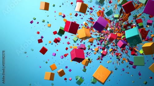 Colorful 3D cubes exploding in a vibrant display against a blue backdrop.