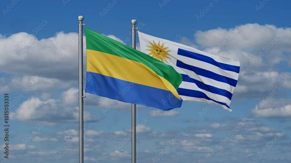 Uruguay and Gabon flags flying together, video concept of the relationship, two country relations concept Uruguay and Gabon flags flying together, video concept of the relationship, two country relations concept