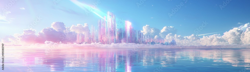 cinematic still of floating city made from glass and crystal, white clouds above the water, bright light, holographic, floating buildings, blue sky, pastel colours, rainbow prismatic aesthetic cinematic still of floating city made from glass and crystal, white clouds above the water, bright light, holographic, floating buildings, blue sky, pastel colours, rainbow prismatic aesthetic