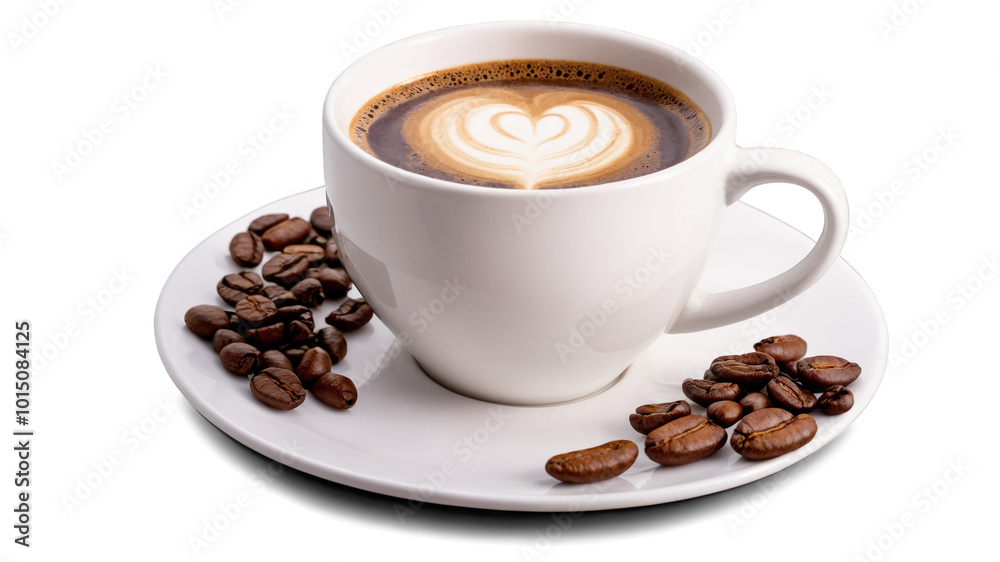 Fototapeta premium Warm cup of coffee with latte art and roasted beans on a plate beside it