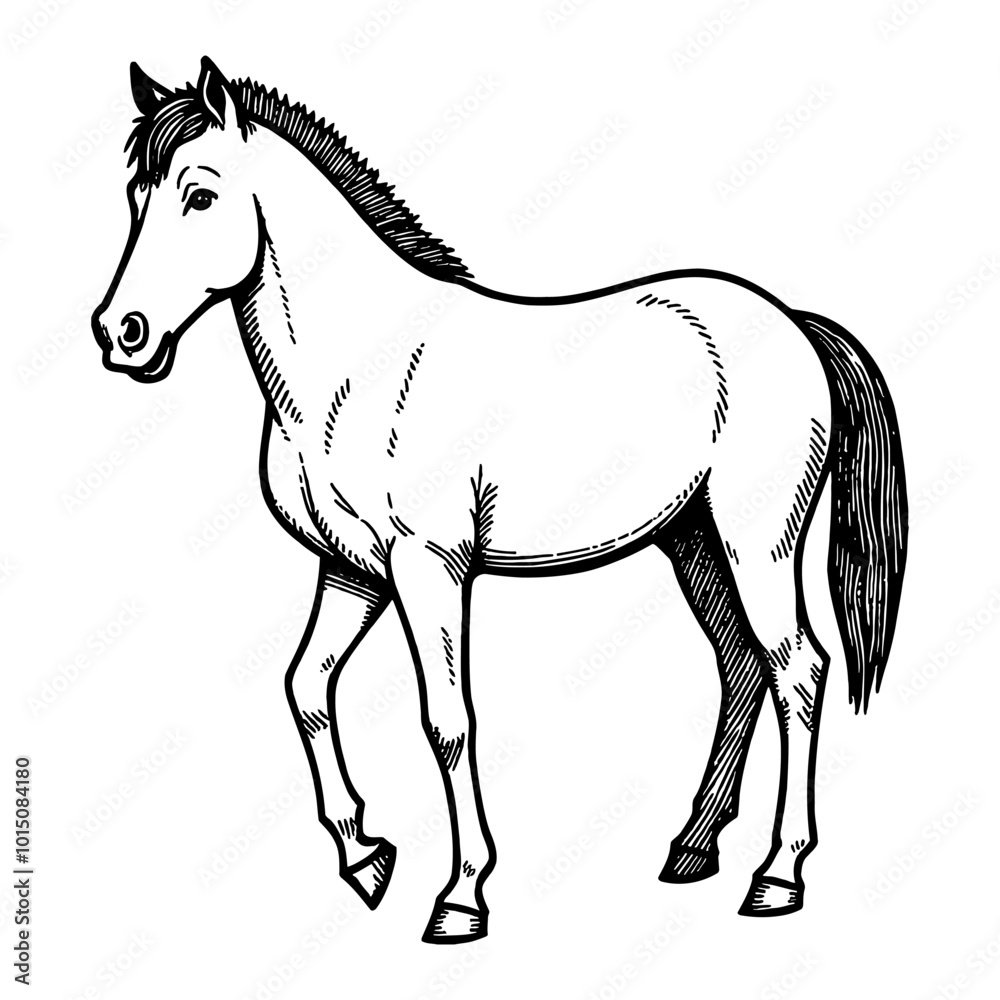 Obraz premium Cute Horse Side View Detailed Black and White Retro Hand Drawn Graphic Illustration