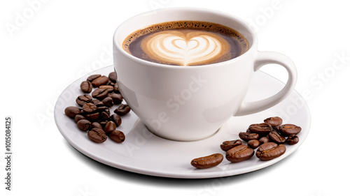 Warm cup of coffee with latte art and roasted beans on a plate beside it