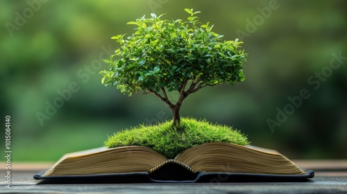 Growth mindset tree branches sprouting from an open book, soft green backdrop