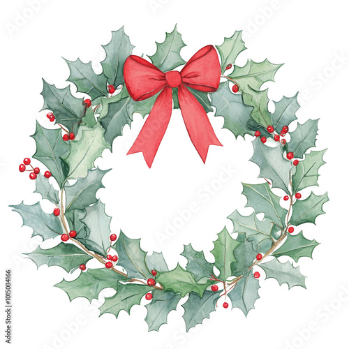 Beautiful Watercolor Christmas Wreath with Holly Berries and Pinecones for Festive Decor