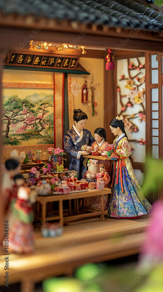 Obraz premium traditional Korean lunar new year celebration Seollal background eating and exchanging gifts in hanok