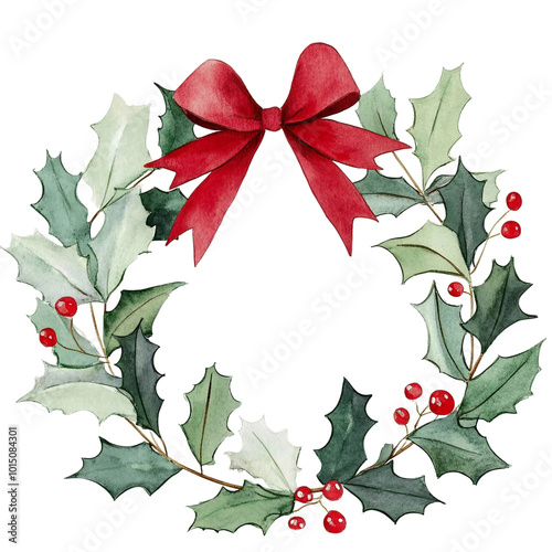 Beautiful Watercolor Christmas Wreath with Holly Berries and Pinecones for Festive Decor