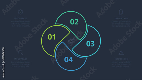 Line concept for infographic with 4 steps, options, parts or processes. Template for web on a black background.