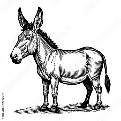 Detailed Hand Drawn Vintage Donkey Illustration in Black and White Retro Engraving Style