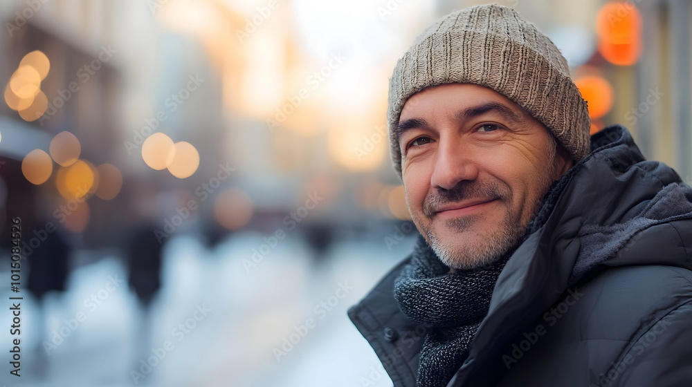 Autumn Evening Smiling Man Warm Hat Urban Background Bokeh Cozy Atmosphere Portrait Autumn Evening Smiling Man Warm Hat Urban Background Bokeh Cozy Atmosphere Portrait
