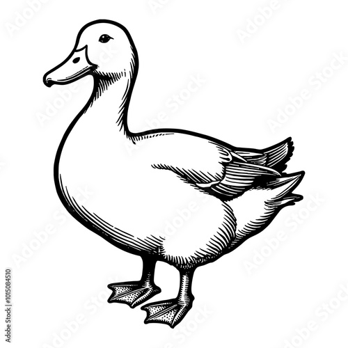 Detailed Vintage Duck Illustration in Black and White Retro Hand Drawn Engraving Art Style